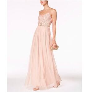 Adrianna Papell Sequined Tulle Gown in Rose Blush Spagetti Strap Maxi Dress Sz 6